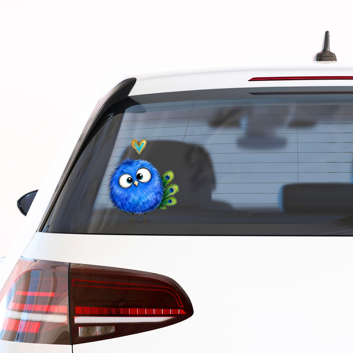 Funny Blue Peacock UV DTF sticker applied to the rear window of a white car