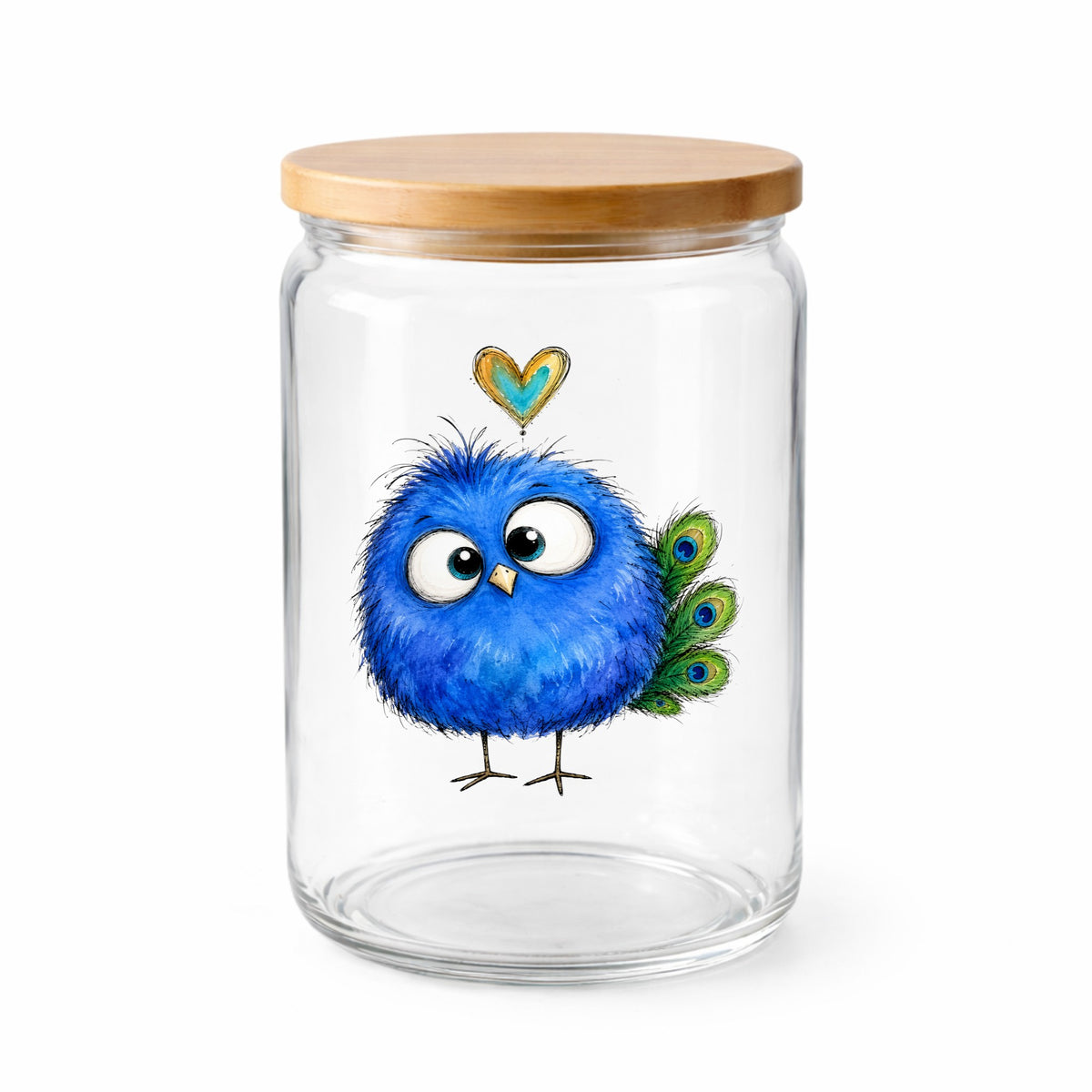 Funny Blue Peacock UV DTF sticker applied to a clear glass jar with a wooden lid