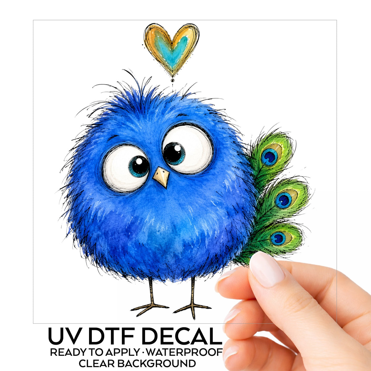 Funny Blue Peacock UV DTF sticker on its backing card, held in hand