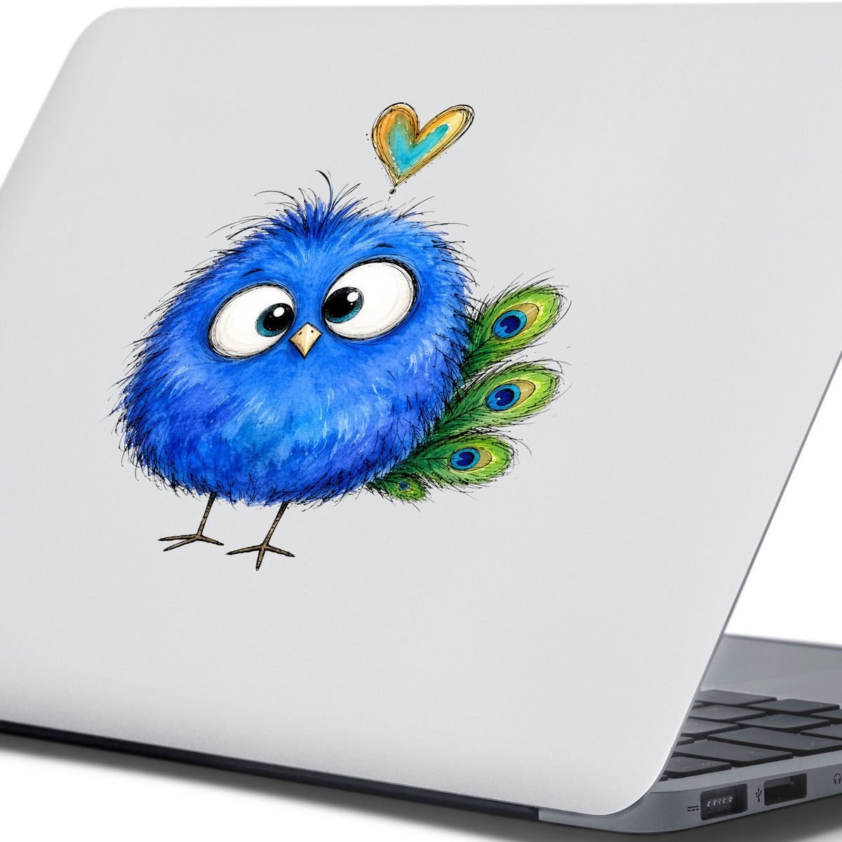 Funny Blue Peacock UV DTF sticker applied to the lid of a silver laptop