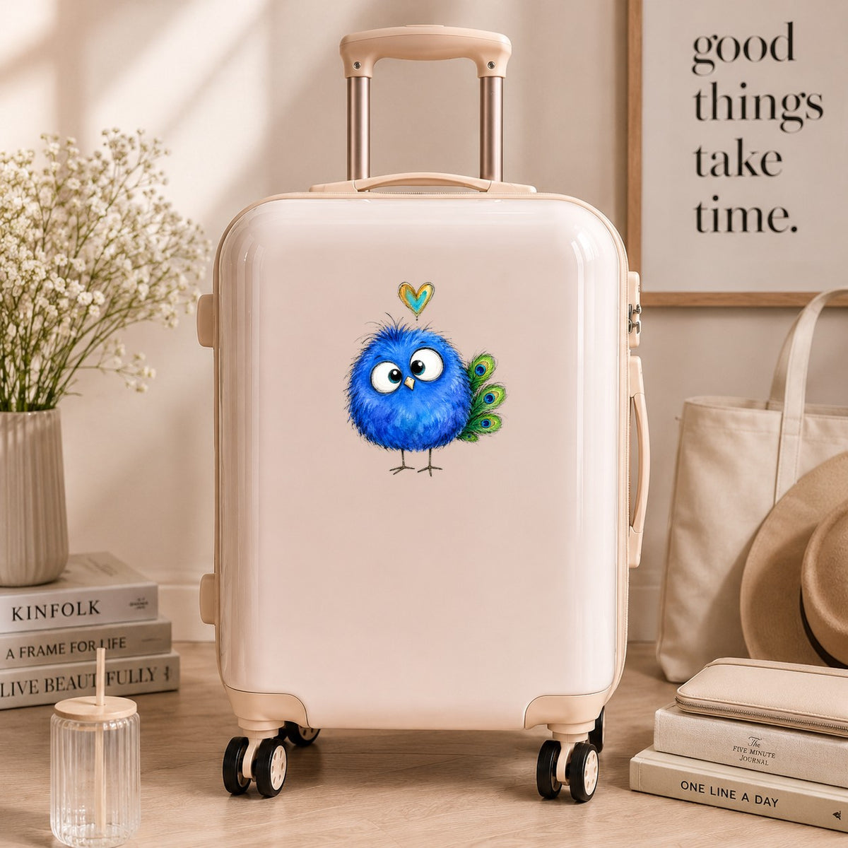 Funny Blue Peacock UV DTF sticker applied to a cream carry-on suitcase