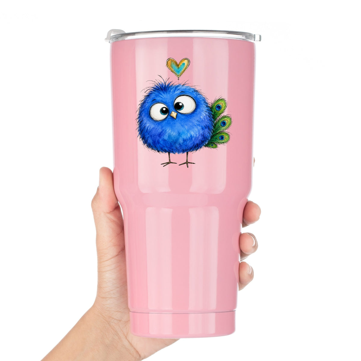 Funny Blue Peacock UV DTF sticker applied to a pink tumbler held against a white background
