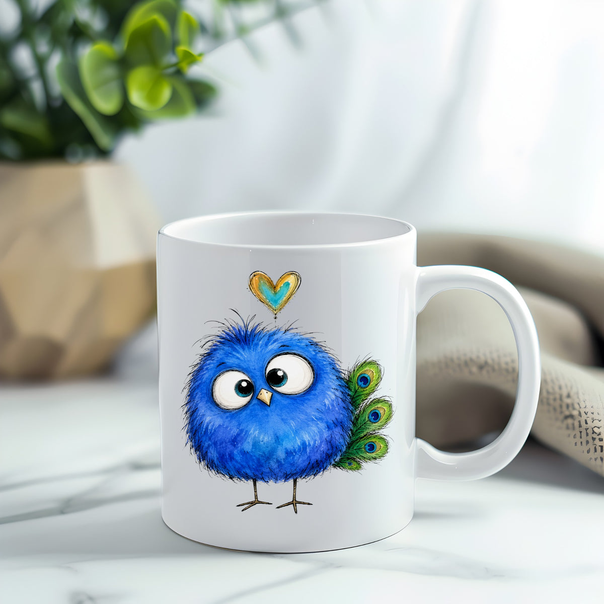 Funny Blue Peacock UV DTF sticker applied to a white coffee mug