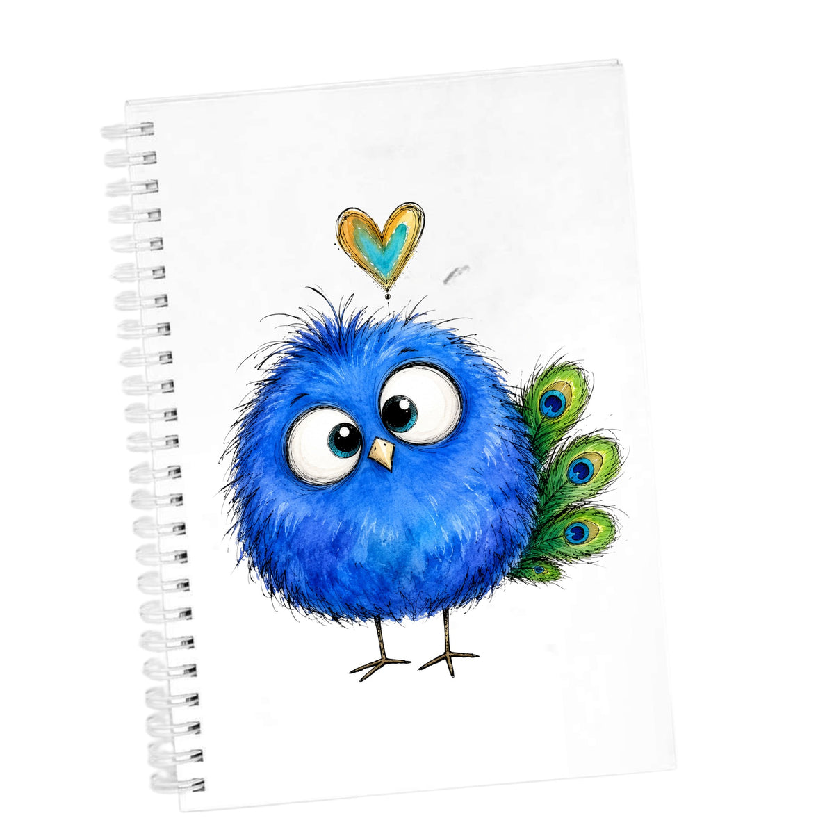 Funny Blue Peacock UV DTF sticker applied to the cover of a white spiral journal