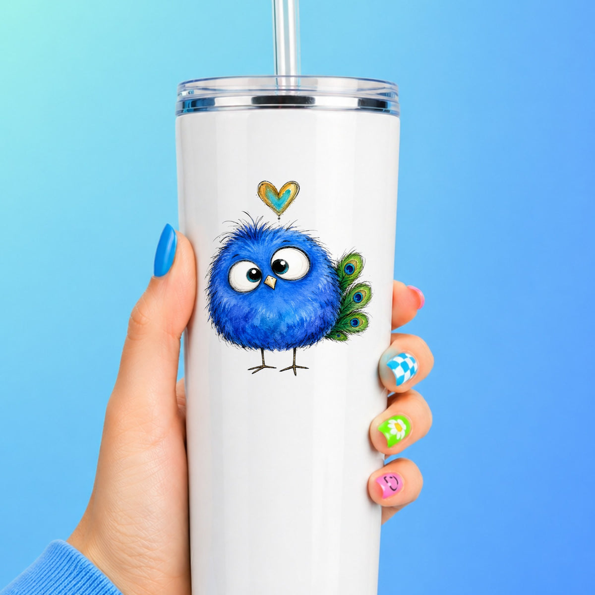 Funny Blue Peacock UV DTF sticker applied to a white straw tumbler on a blue background