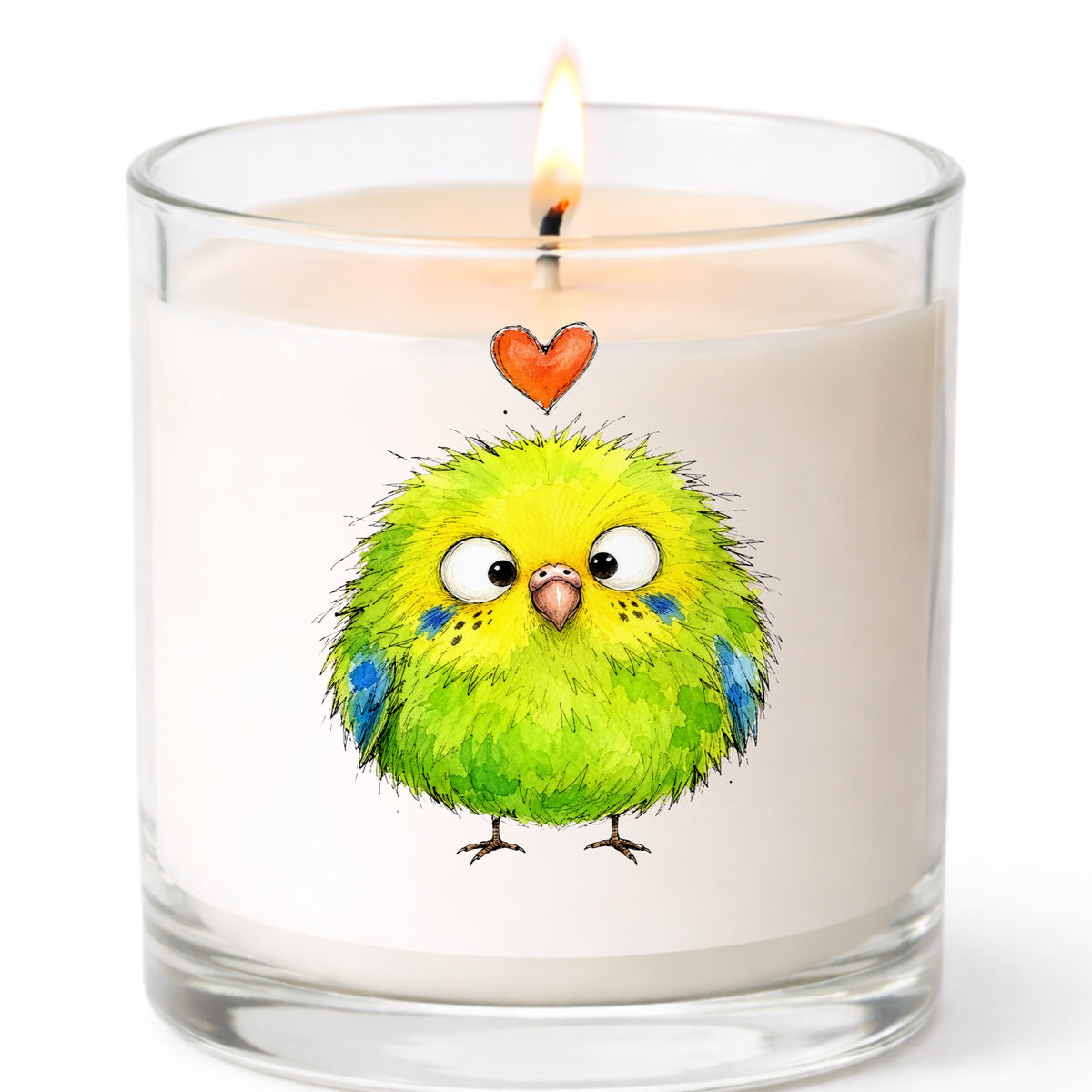 Fluffy Green Parakeet UV DTF sticker applied to a white candle in a clear glass jar