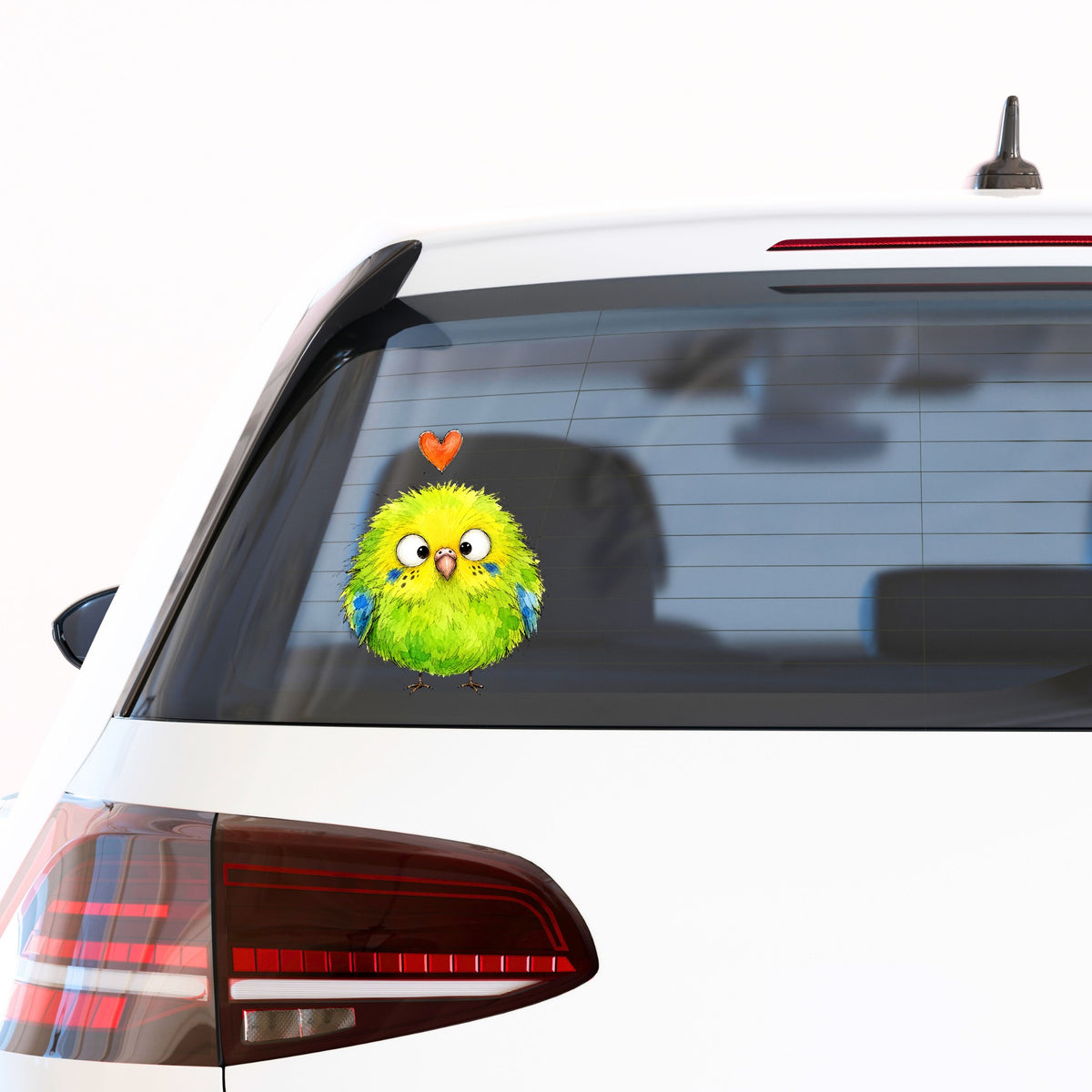 Fluffy Green Parakeet UV DTF sticker applied to the rear window of a white car