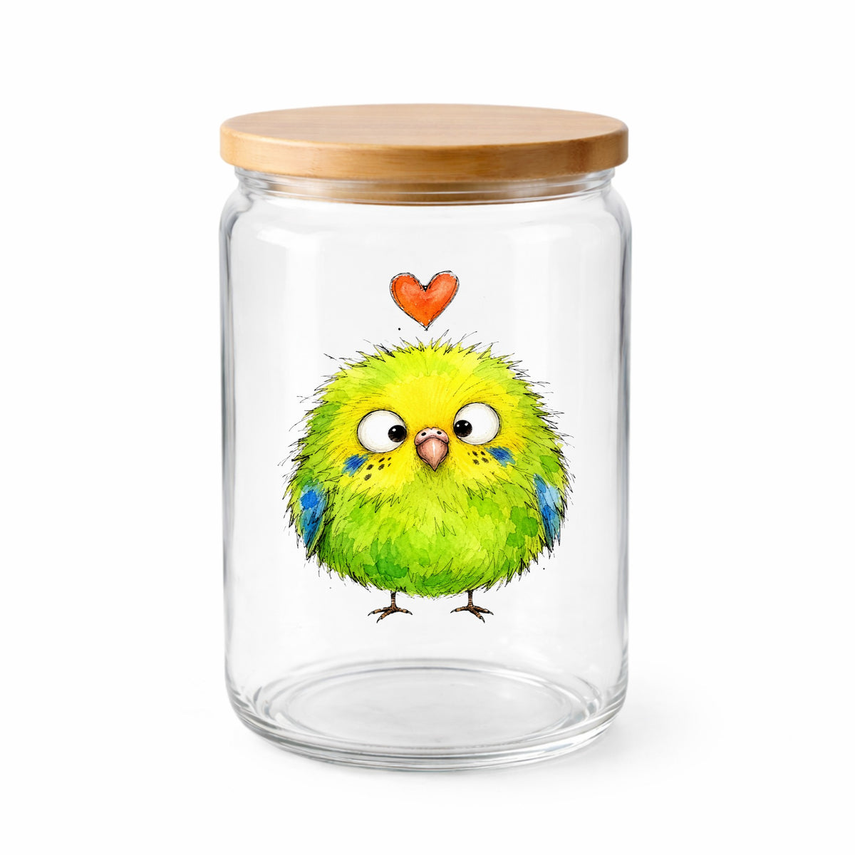 Fluffy Green Parakeet UV DTF sticker applied to a clear glass jar with a wooden lid