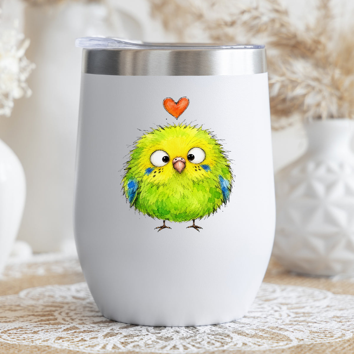 Fluffy Green Parakeet UV DTF sticker applied to a white stemless tumbler with a lid