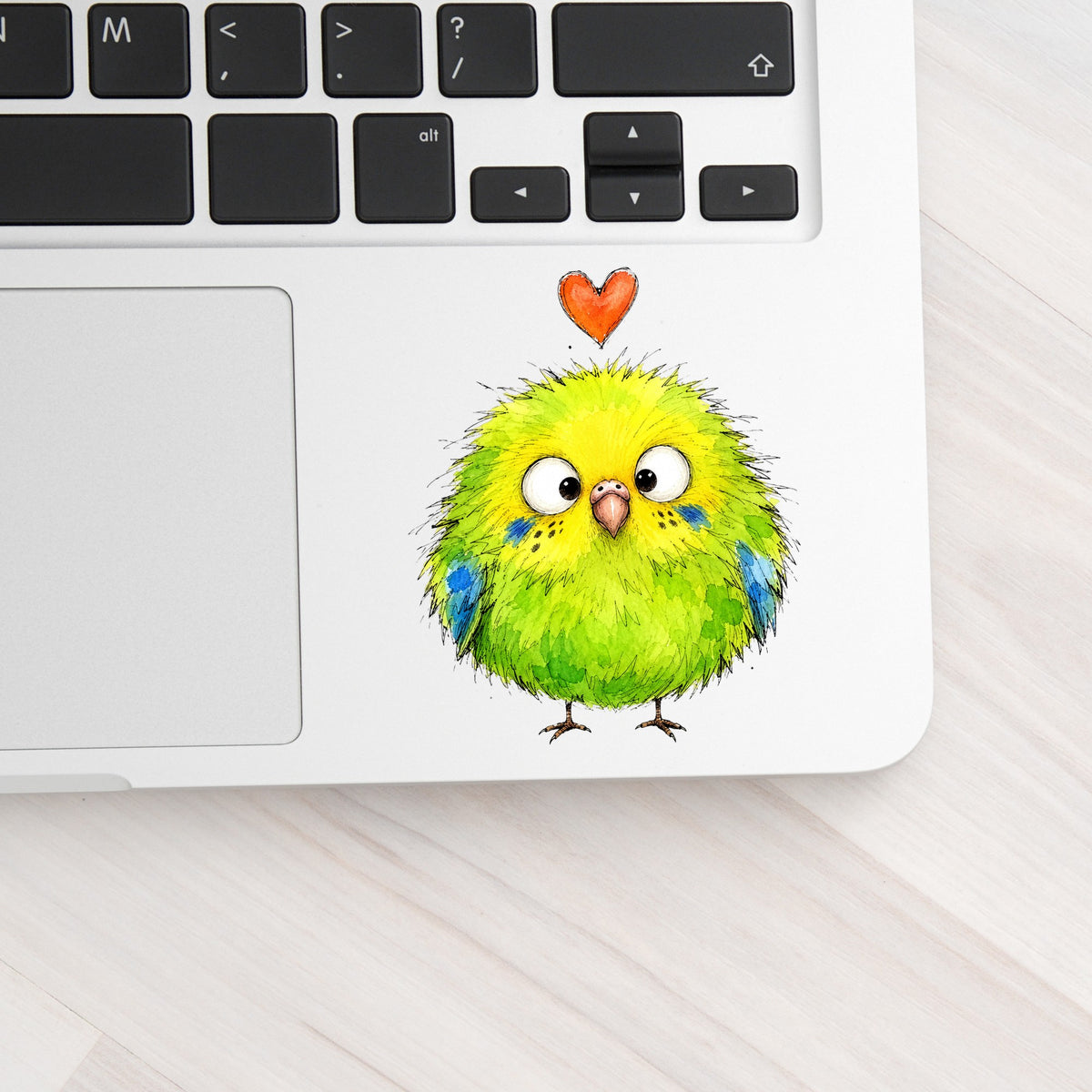 Fluffy Green Parakeet UV DTF sticker applied to a silver laptop beside the keyboard