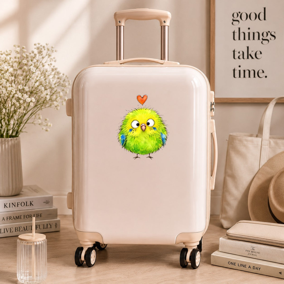 Fluffy Green Parakeet UV DTF sticker applied to a cream carry-on suitcase