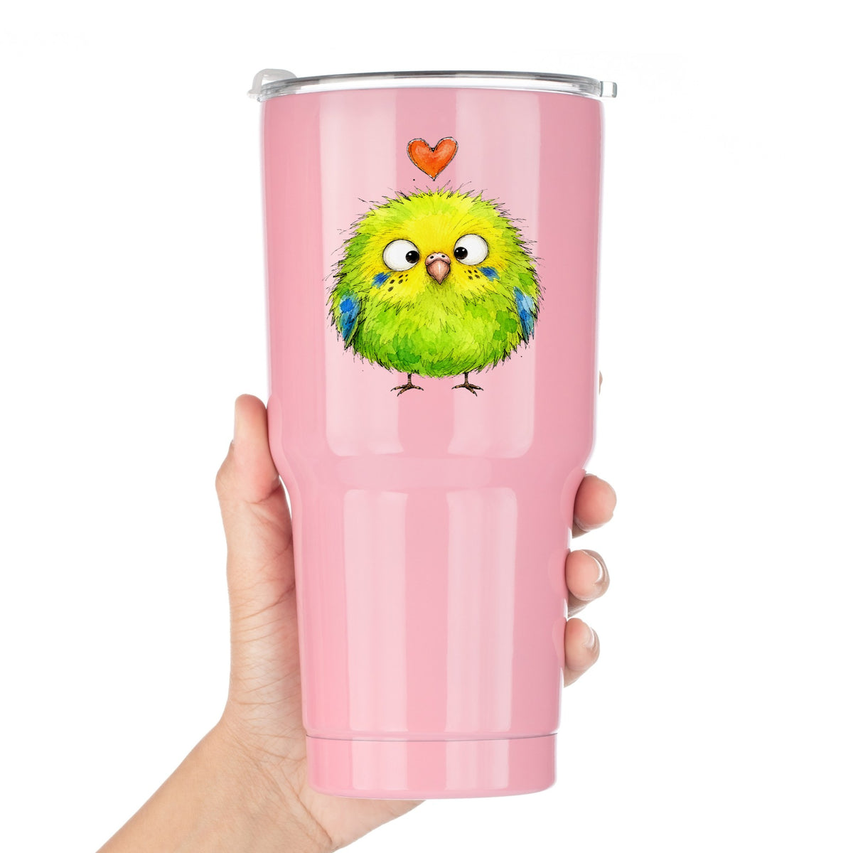 Fluffy Green Parakeet UV DTF sticker applied to a pink tumbler held against a white background