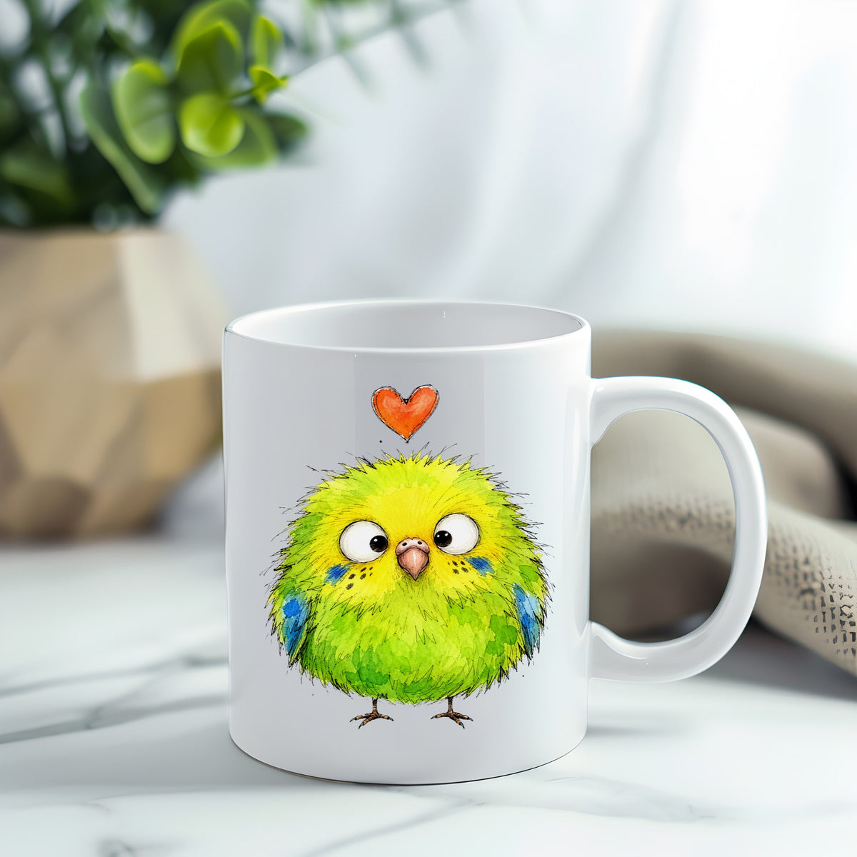 Fluffy Green Parakeet UV DTF sticker applied to a white coffee mug