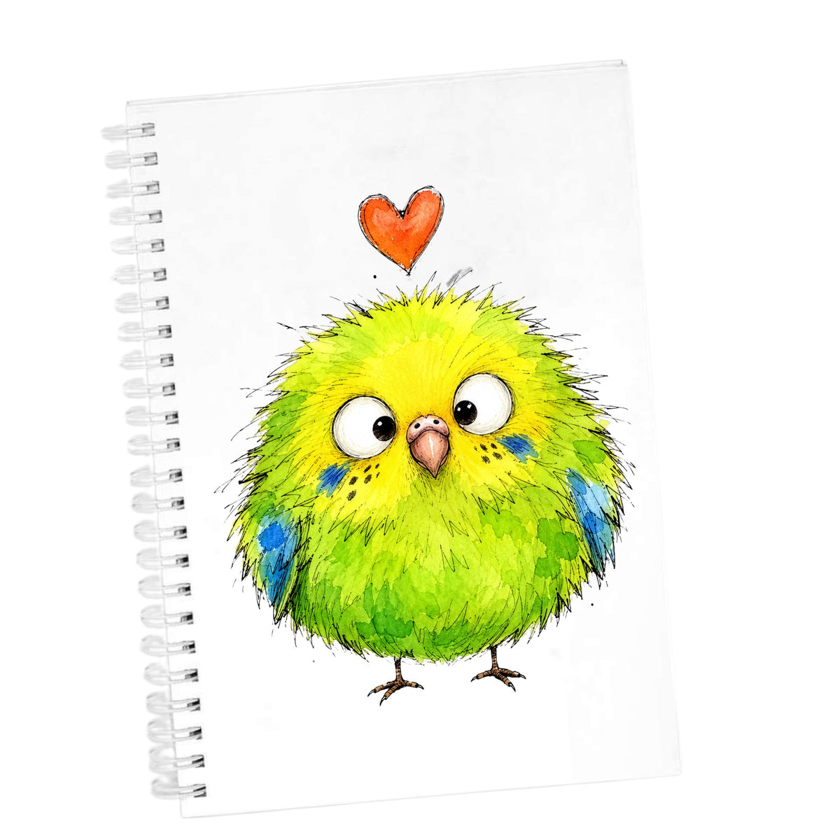 Fluffy Green Parakeet UV DTF sticker applied to the cover of a white spiral journal