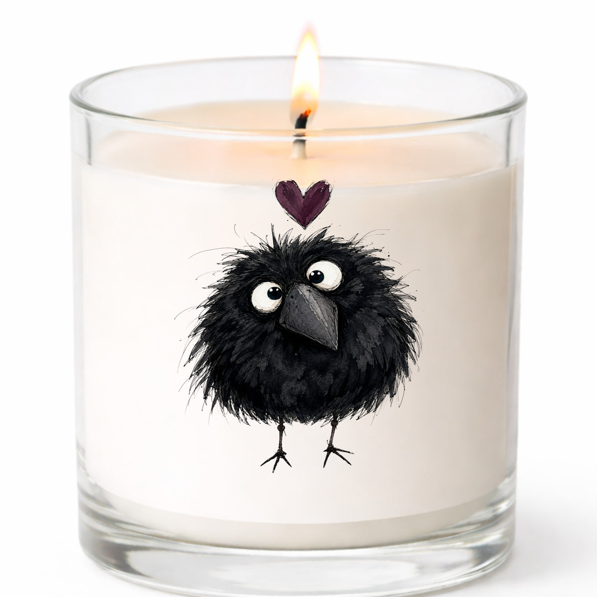 Fluffy Black Crow UV DTF sticker applied to a white candle in a clear glass jar