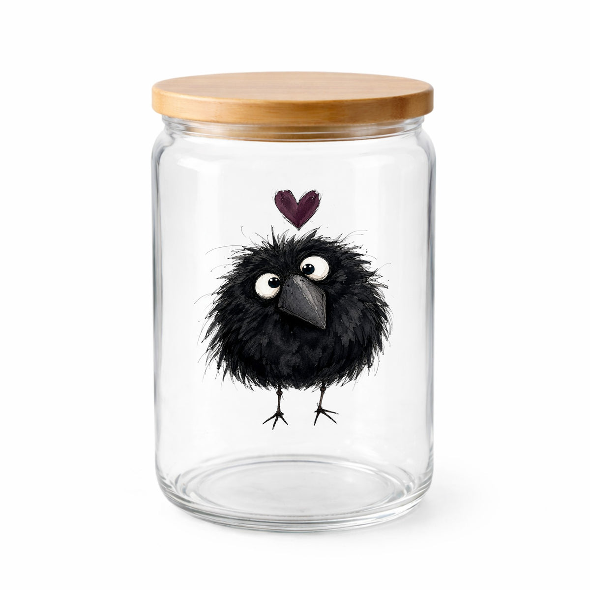Fluffy Black Crow UV DTF sticker applied to a clear glass jar with a wooden lid