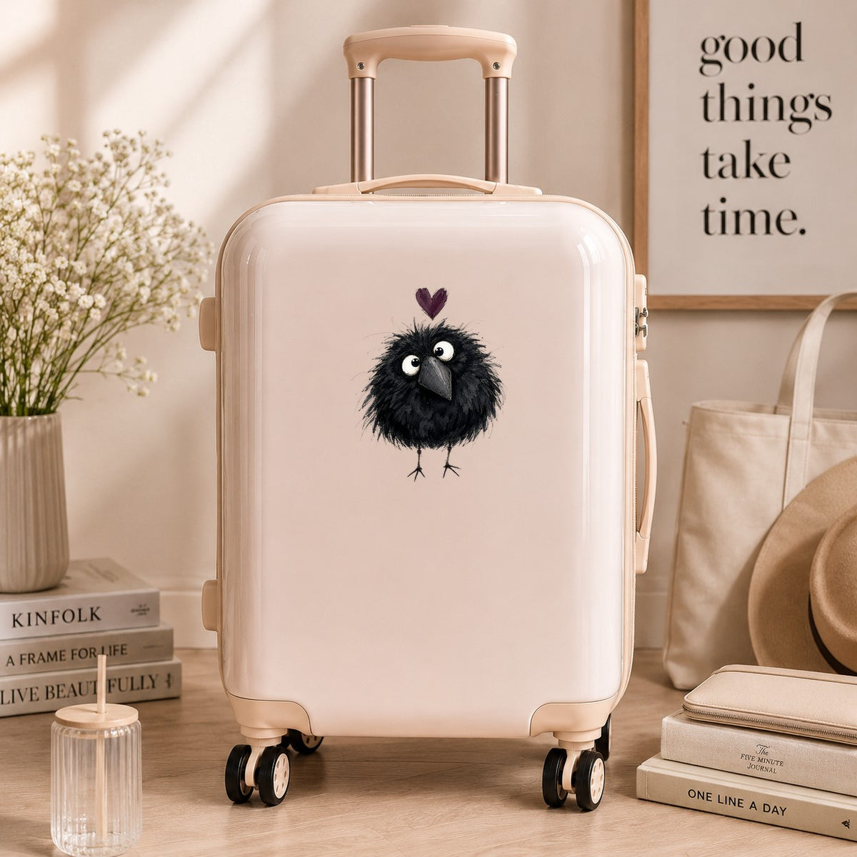 Fluffy Black Crow UV DTF sticker applied to a cream carry-on suitcase