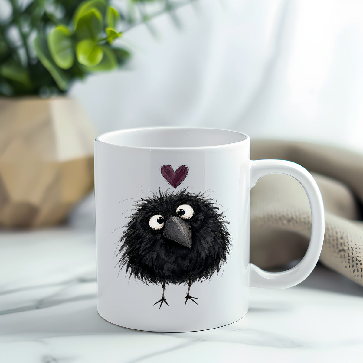 Fluffy Black Crow UV DTF sticker applied to a white coffee mug