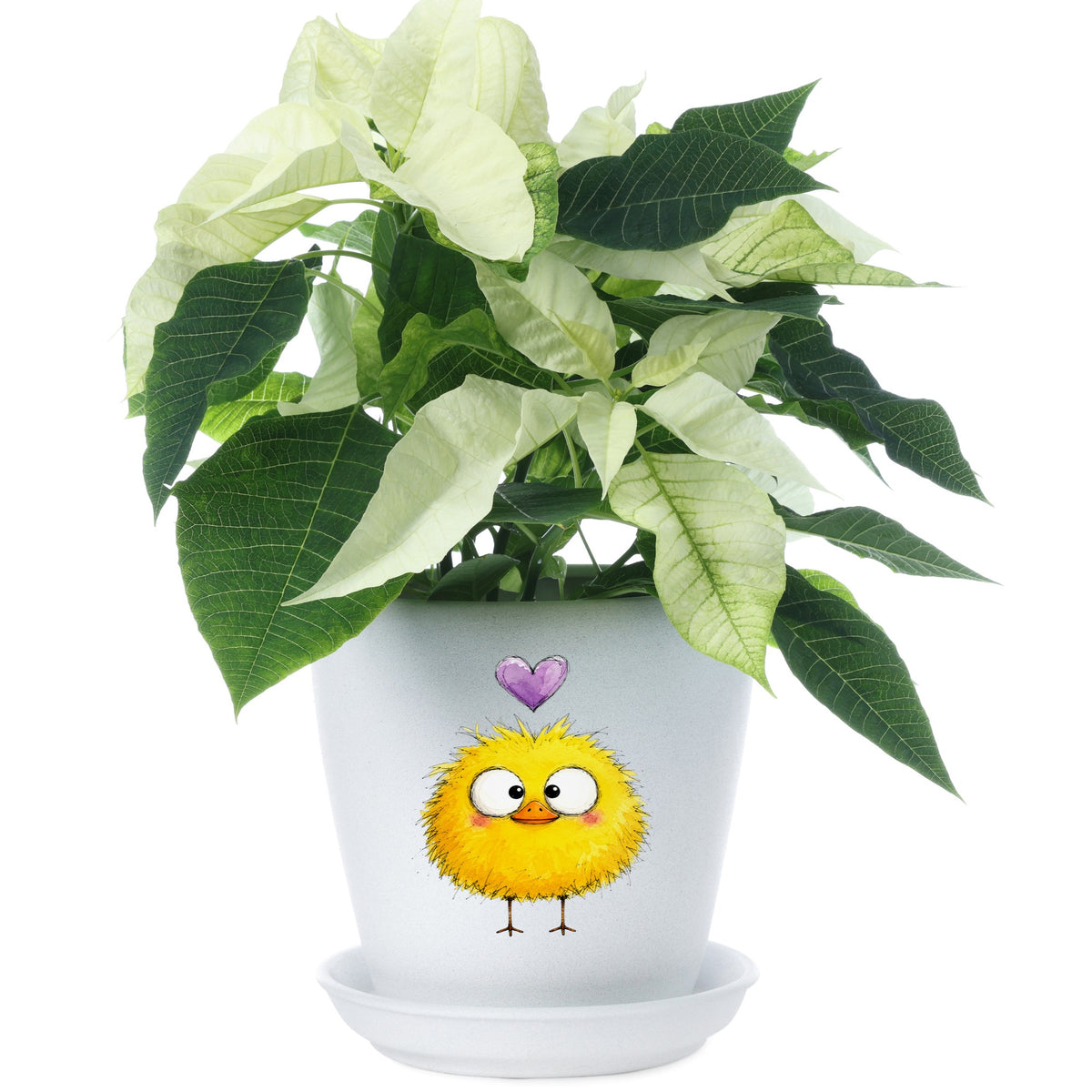Fluffy Yellow Duckling UV DTF sticker applied to a white flower pot