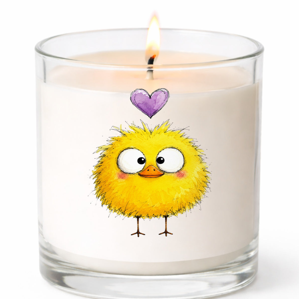Fluffy Yellow Duckling UV DTF sticker applied to a white candle in a clear glass jar