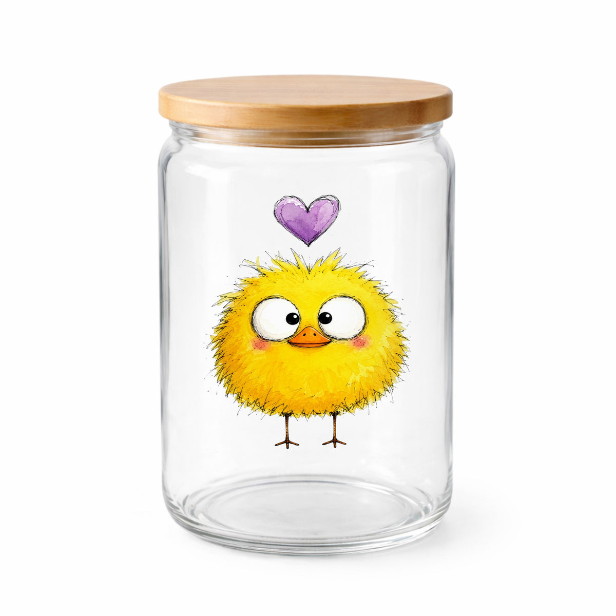 Fluffy Yellow Duckling UV DTF sticker applied to a clear glass jar with a wooden lid