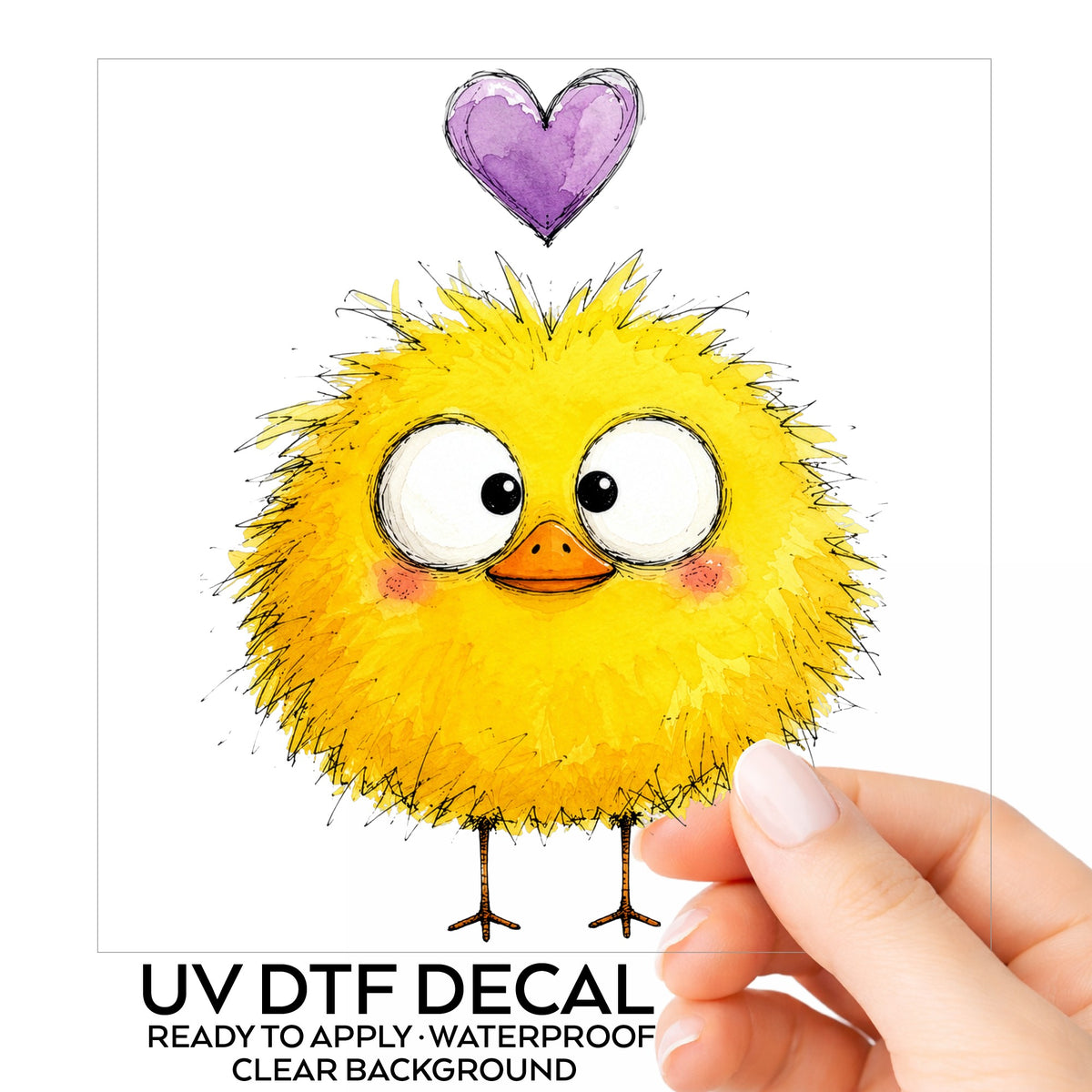 Fluffy Yellow Duckling UV DTF sticker on its backing card, held in hand