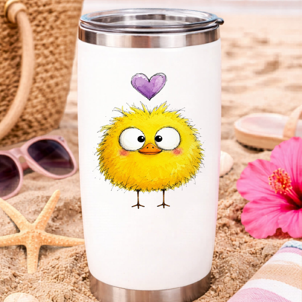 Fluffy Yellow Duckling UV DTF sticker applied to a white travel tumbler on beach sand