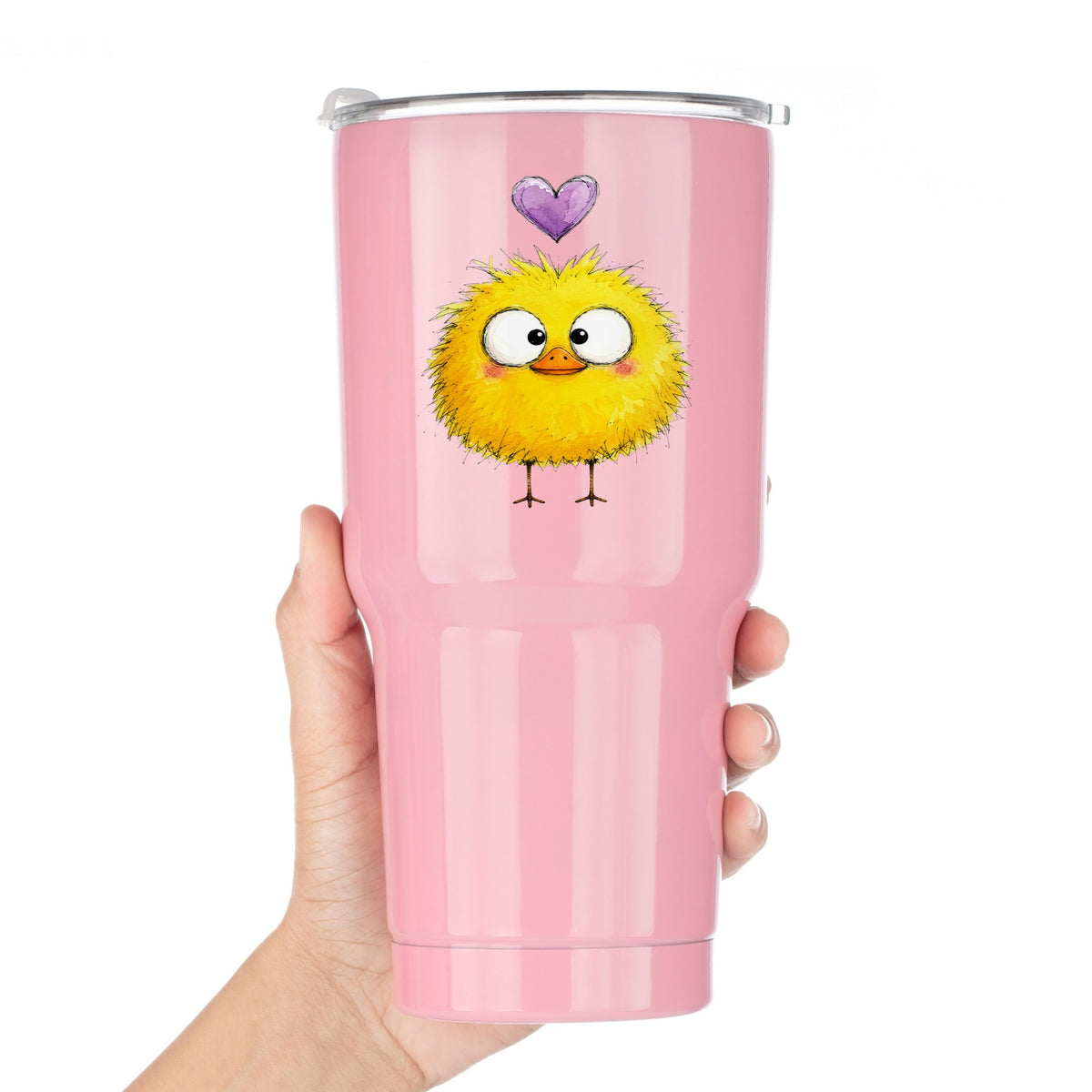 Fluffy Yellow Duckling UV DTF sticker applied to a pink tumbler held against a white background