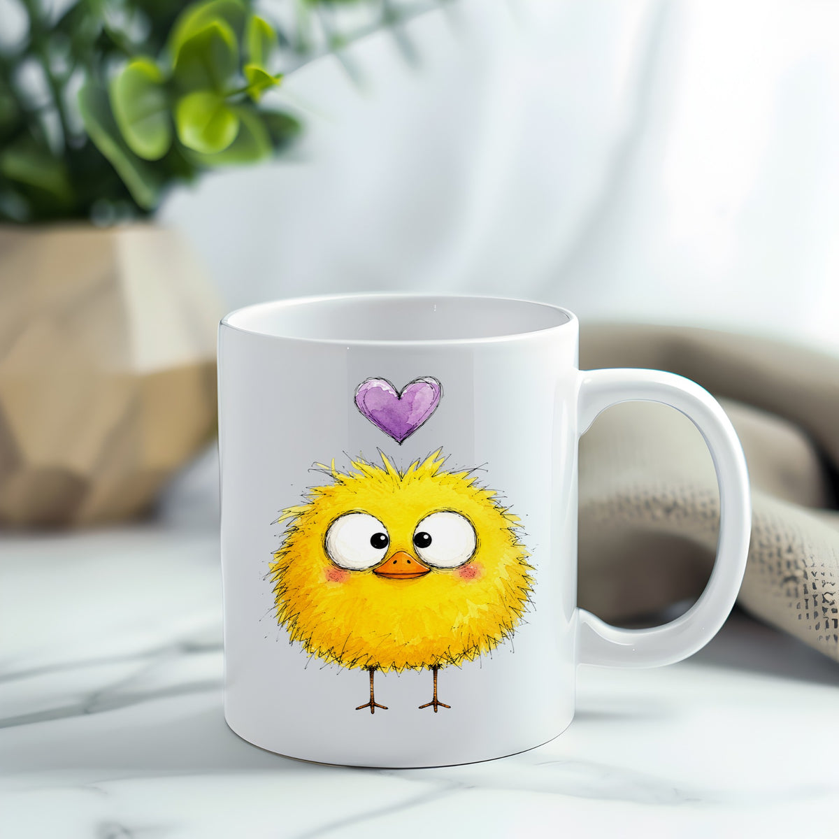 Fluffy Yellow Duckling UV DTF sticker applied to a white coffee mug