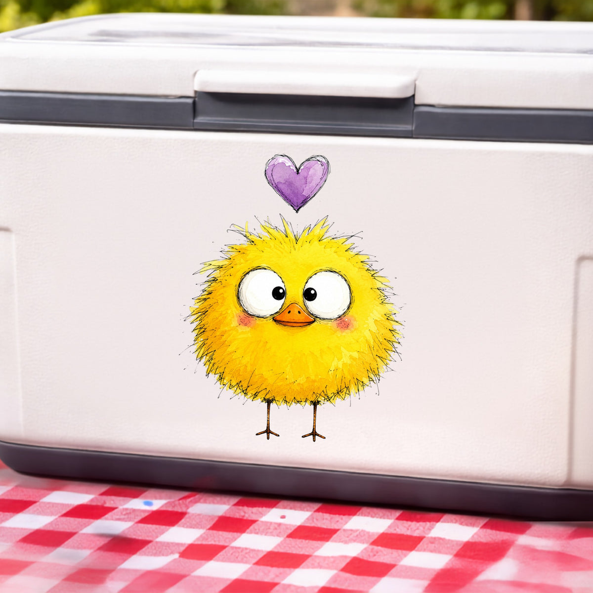 Fluffy Yellow Duckling UV DTF sticker applied to a white cooler on a red gingham cloth