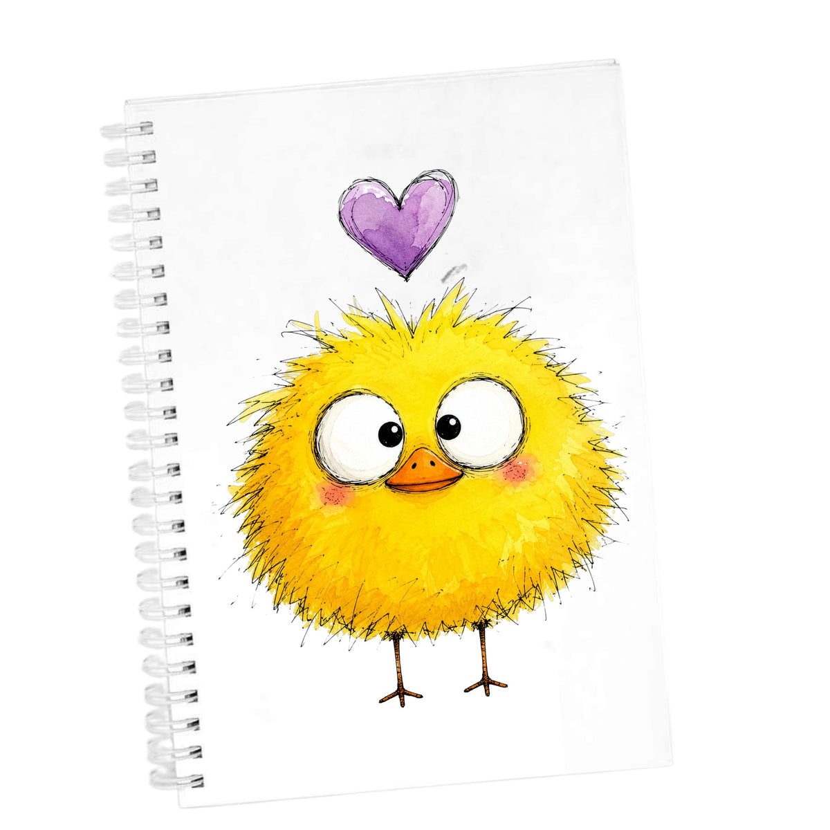 Fluffy Yellow Duckling UV DTF sticker applied to the cover of a white spiral journal