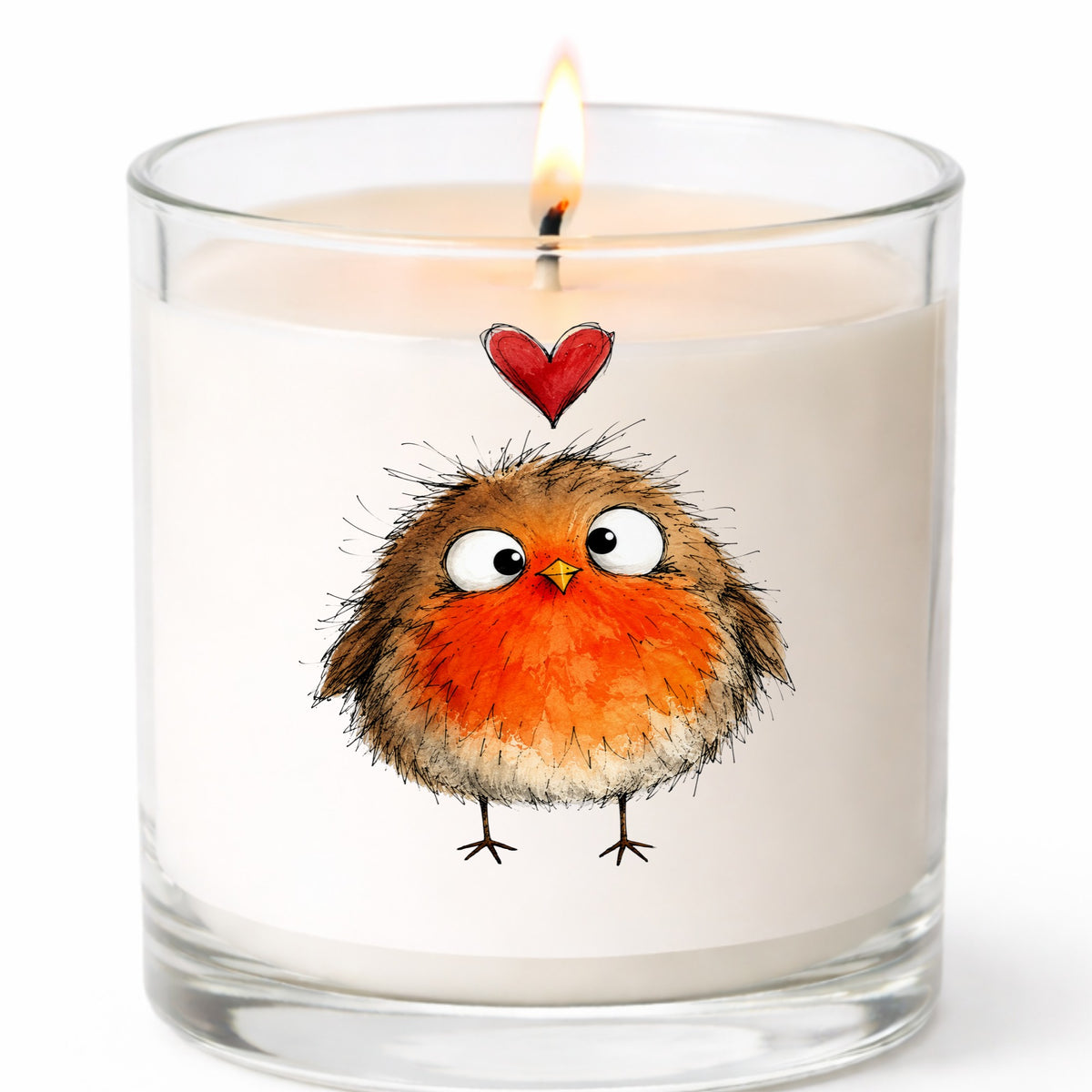 Fluffy Robin UV DTF sticker applied to a white candle in a clear glass jar