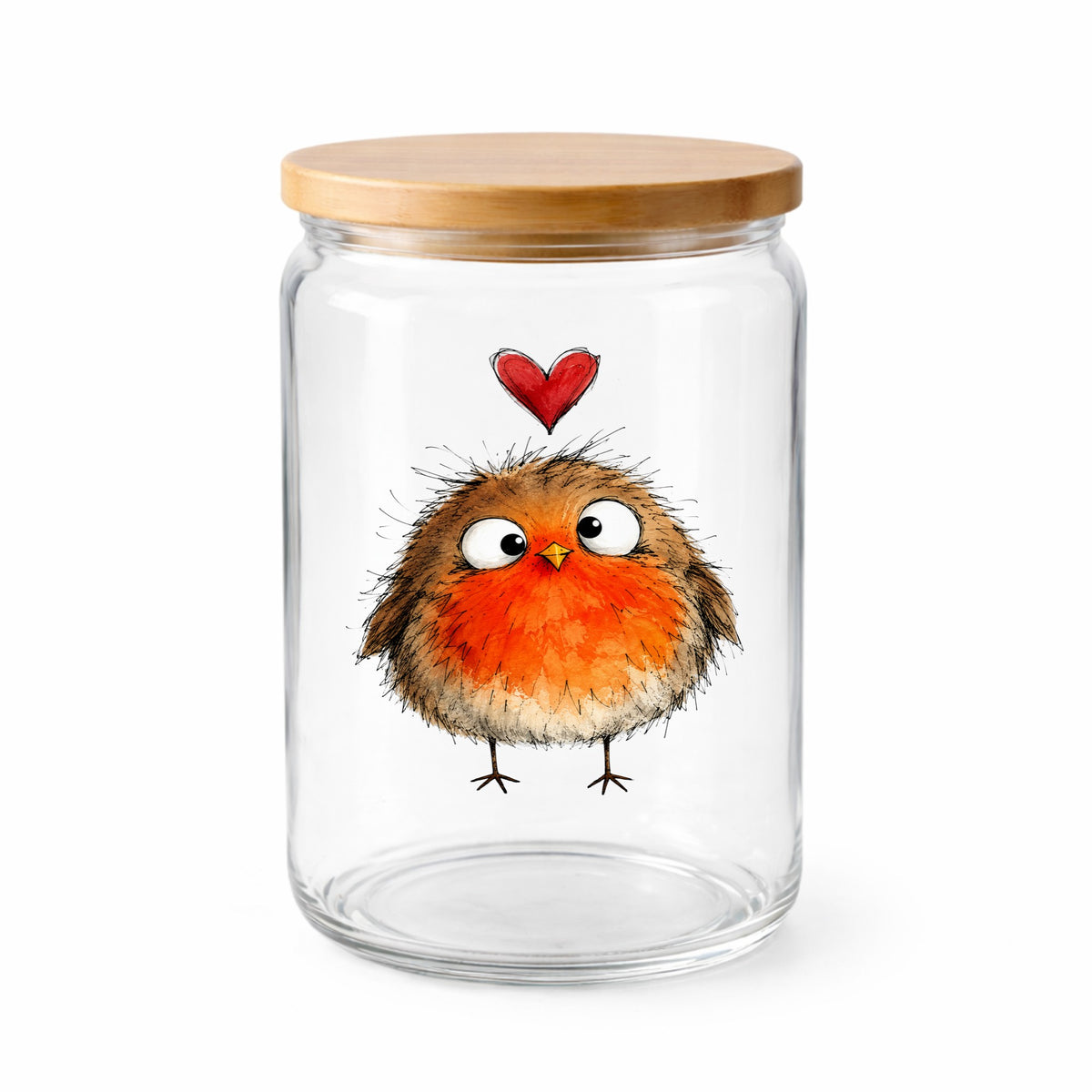 Fluffy Robin UV DTF sticker applied to a clear glass jar with a wooden lid