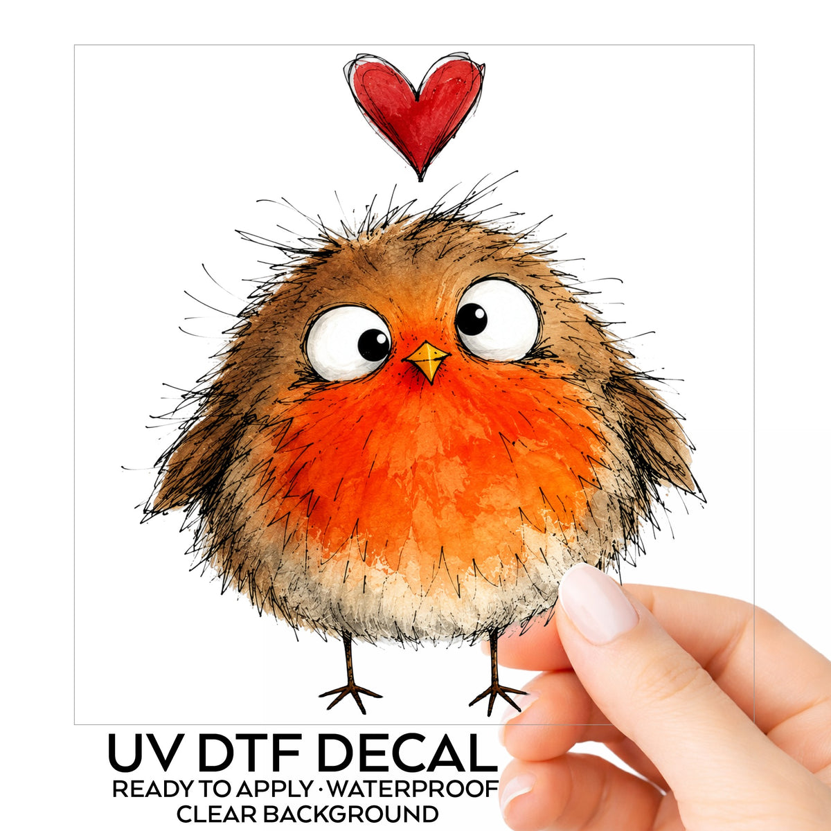 Fluffy Robin UV DTF sticker on its backing card, held in hand