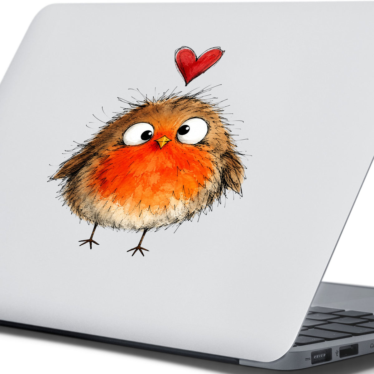 Fluffy Robin UV DTF sticker applied to the lid of a silver laptop