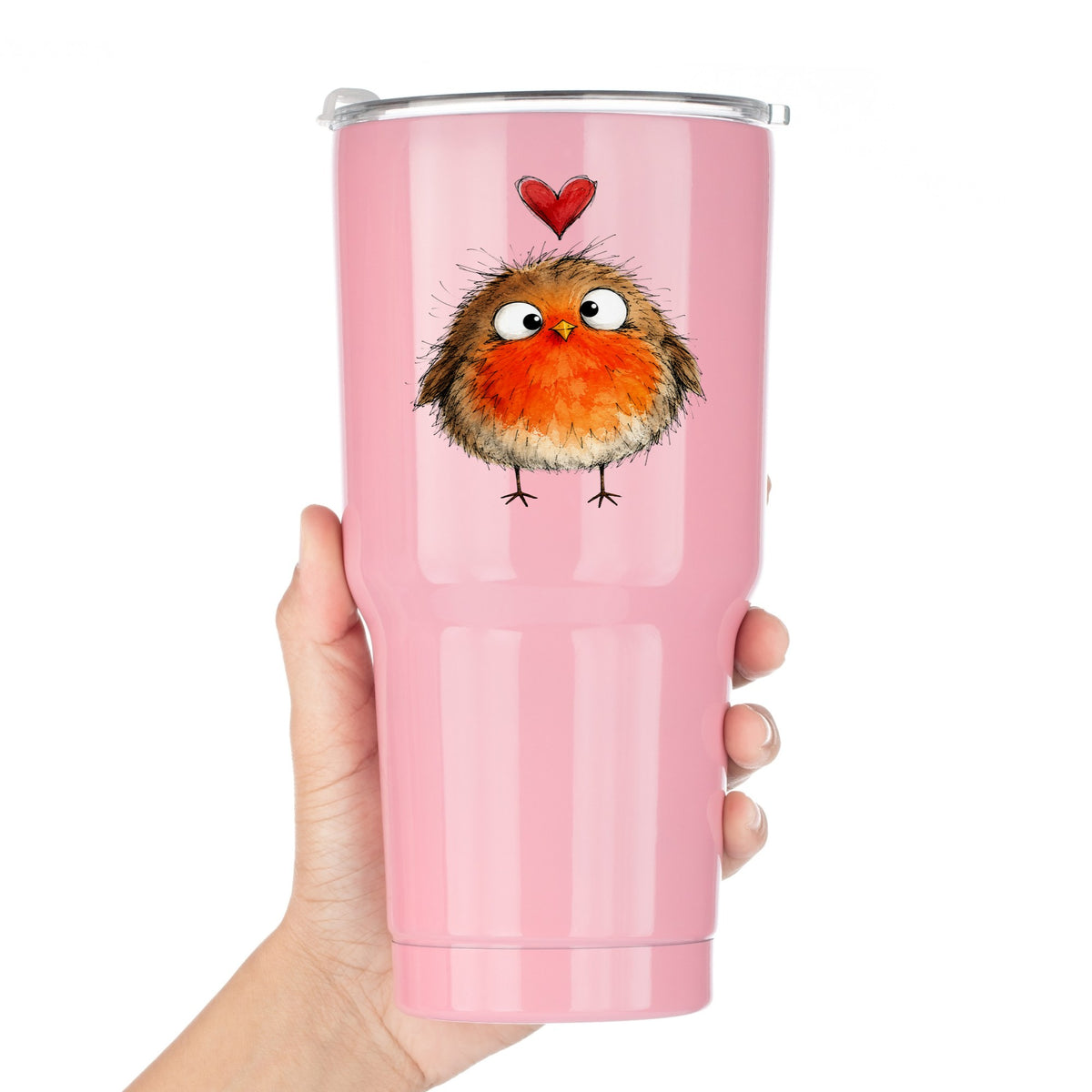 Fluffy Robin UV DTF sticker applied to a pink tumbler held against a white background