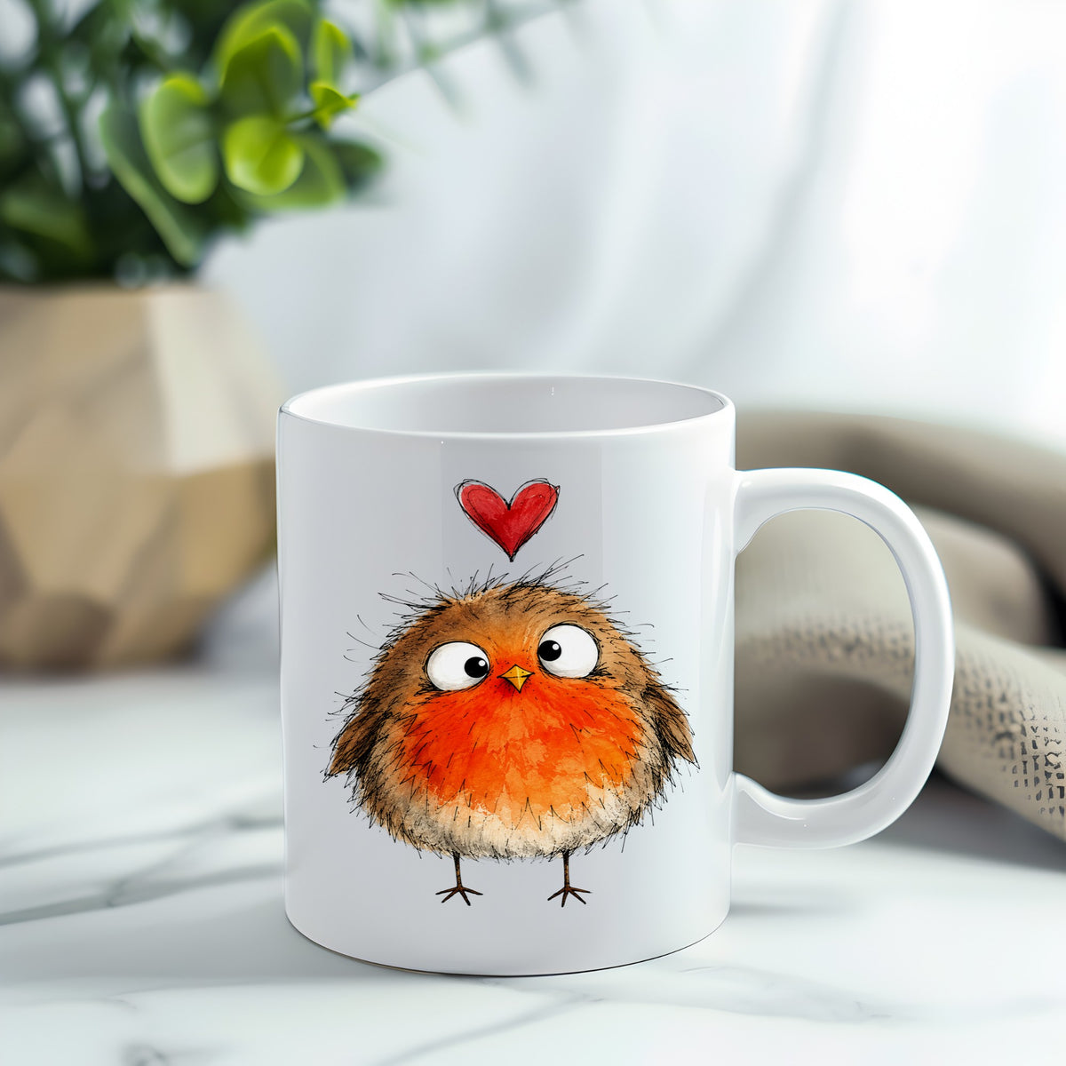 Fluffy Robin UV DTF sticker applied to a white coffee mug