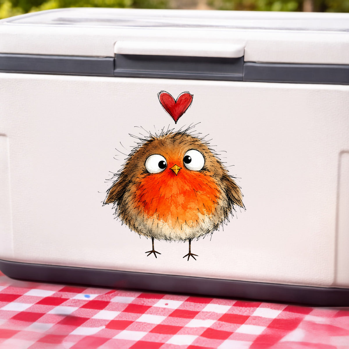 Fluffy Robin UV DTF sticker applied to a white cooler on a red gingham cloth