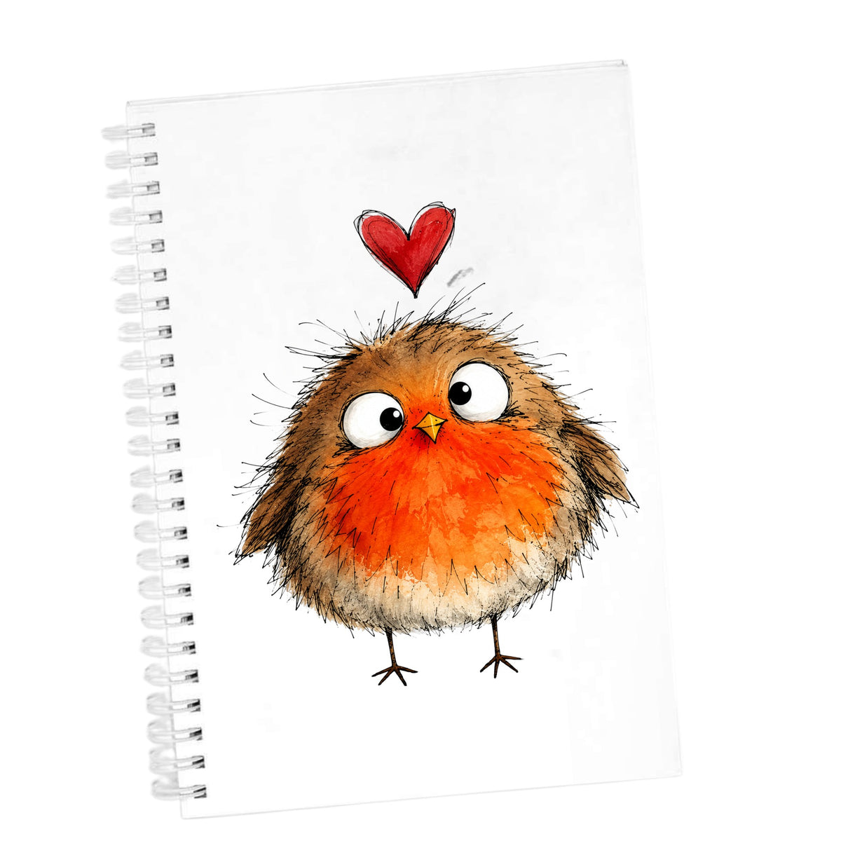 Fluffy Robin UV DTF sticker applied to the cover of a white spiral journal
