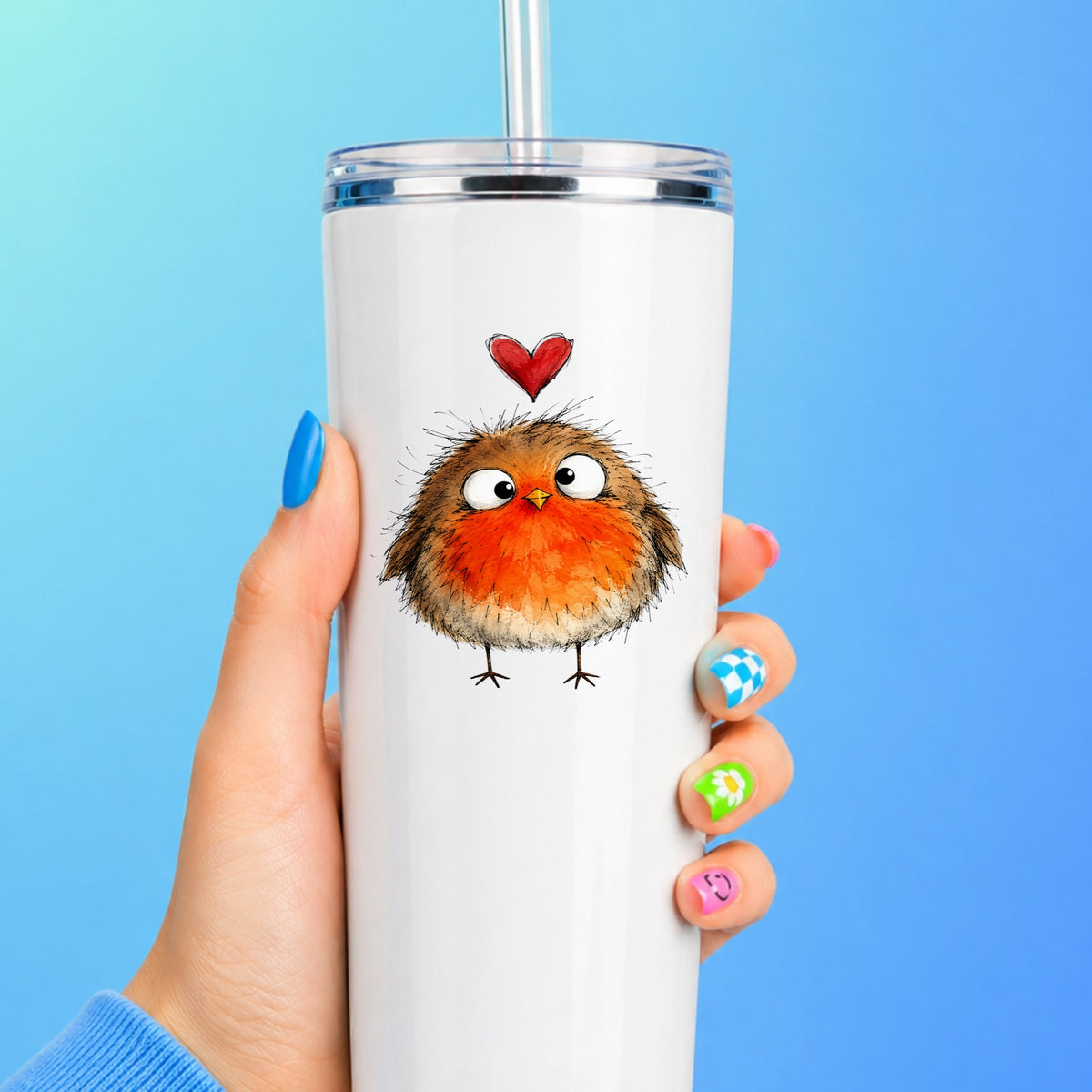 Fluffy Robin UV DTF sticker applied to a white straw tumbler on a blue background