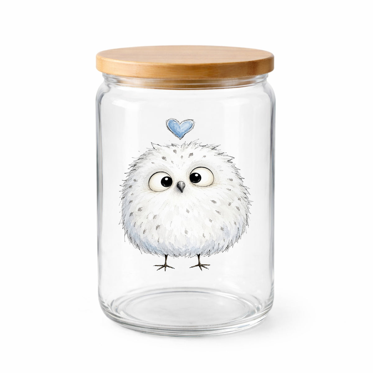 Fluffy White Owl UV DTF sticker applied to a clear glass jar with a wooden lid