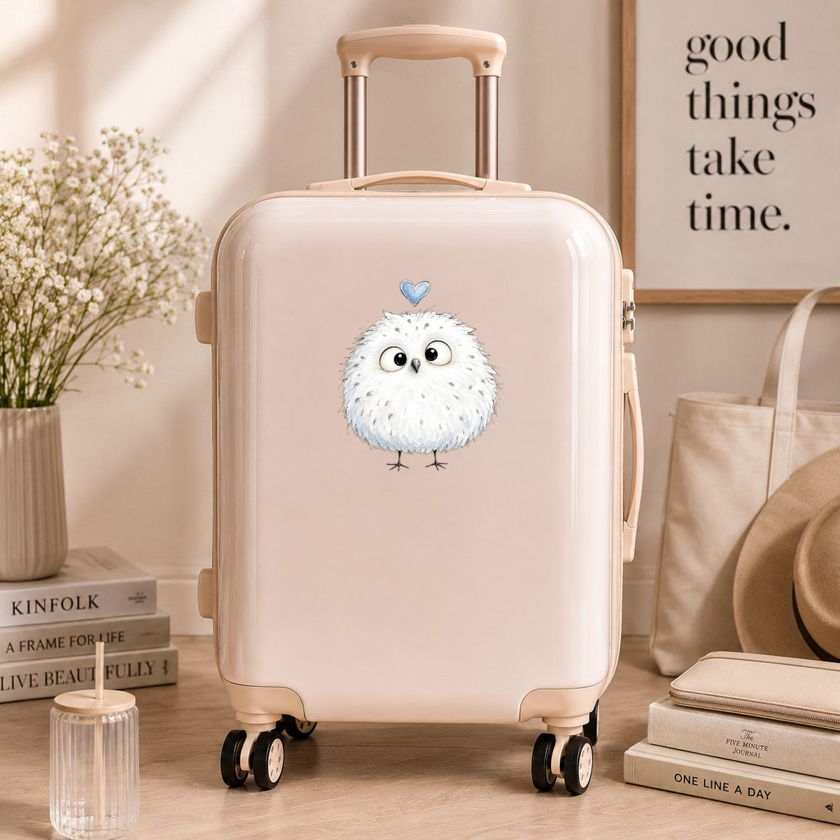 Fluffy White Owl UV DTF sticker applied to a cream carry-on suitcase