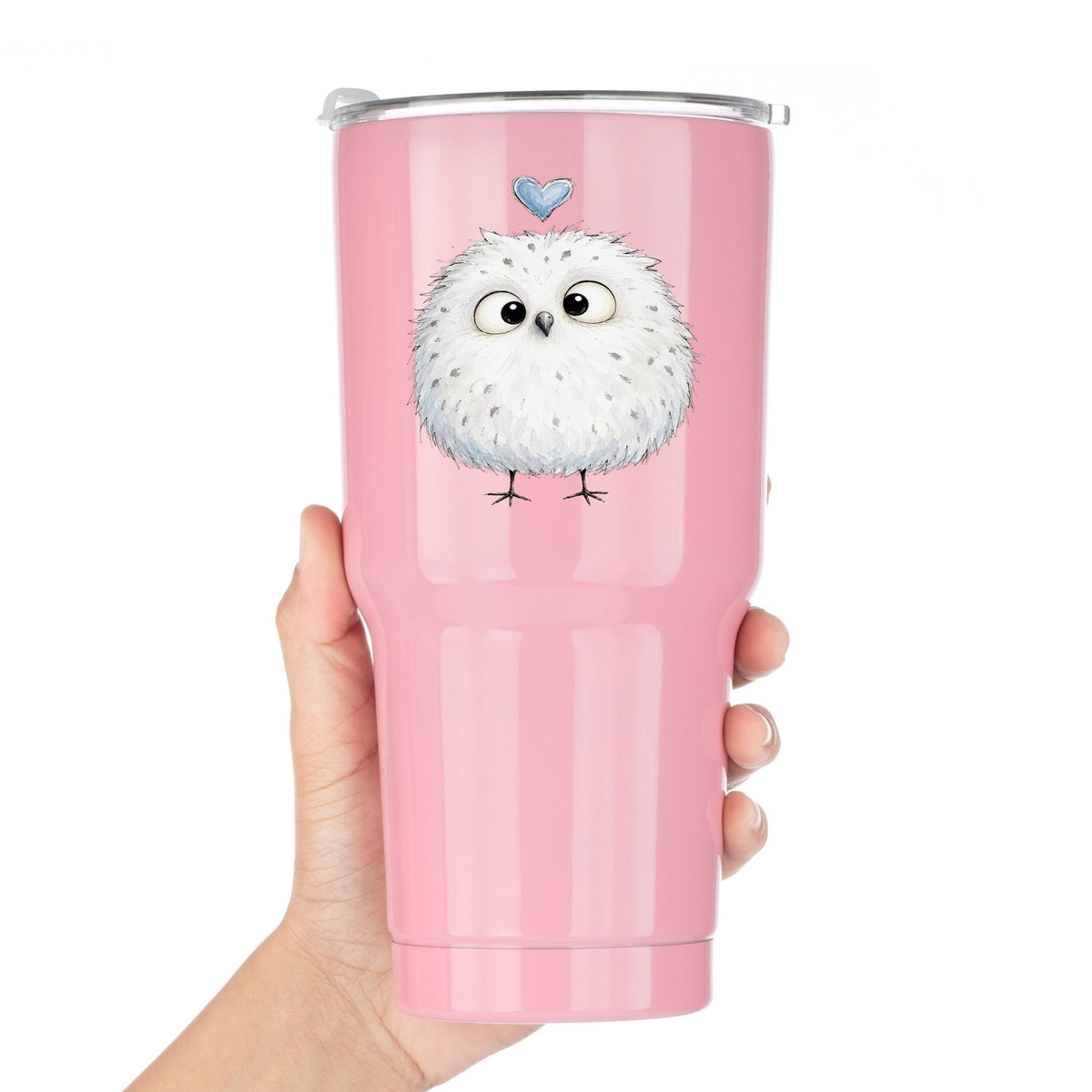 Fluffy White Owl UV DTF sticker applied to a pink tumbler held against a white background