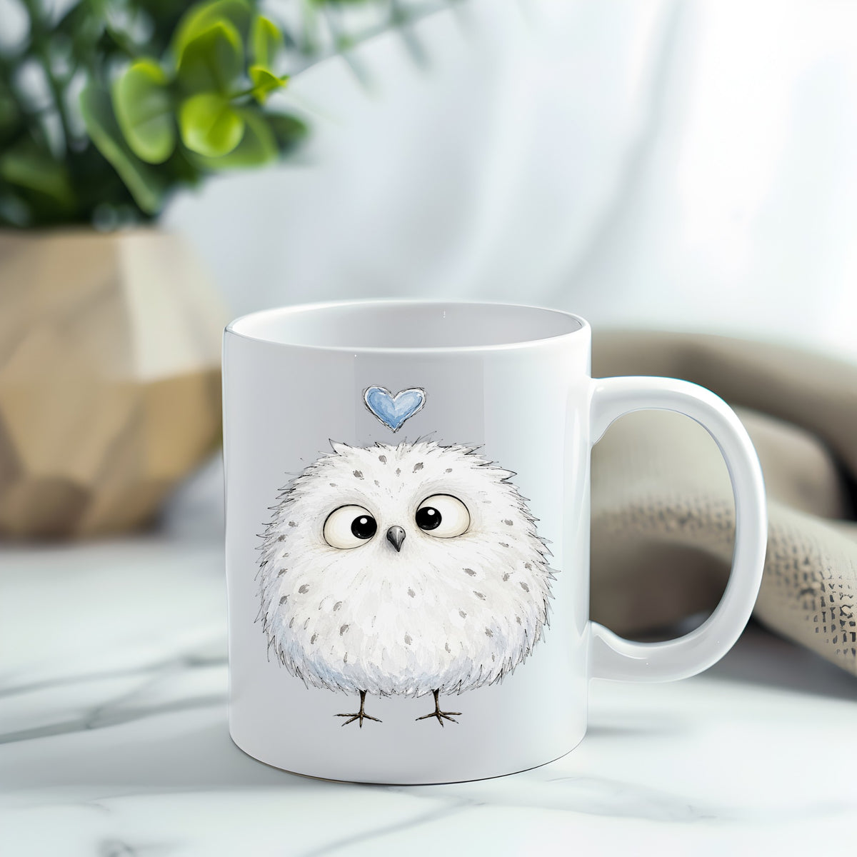 Fluffy White Owl UV DTF sticker applied to a white coffee mug