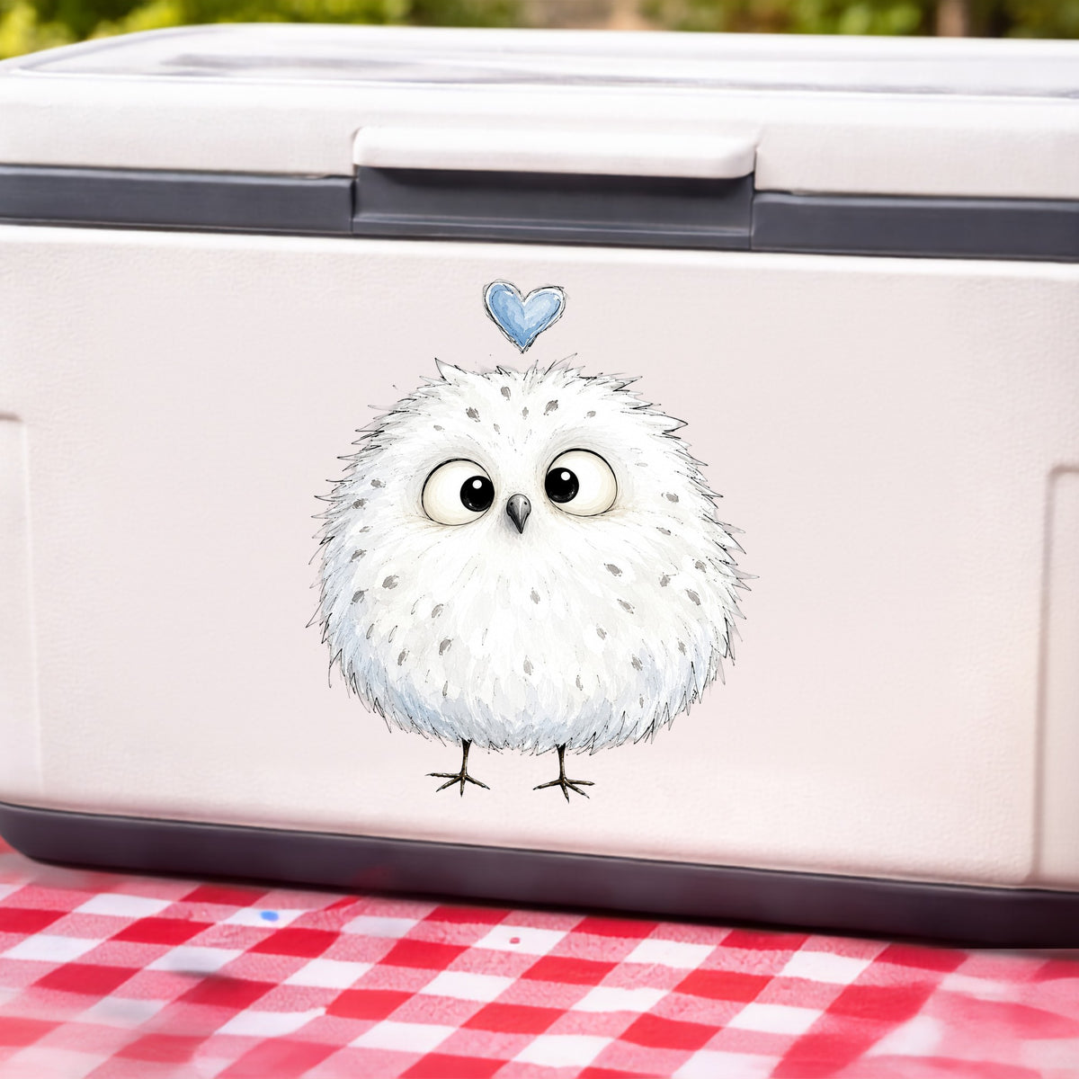 Fluffy White Owl UV DTF sticker applied to a white cooler on a red gingham cloth