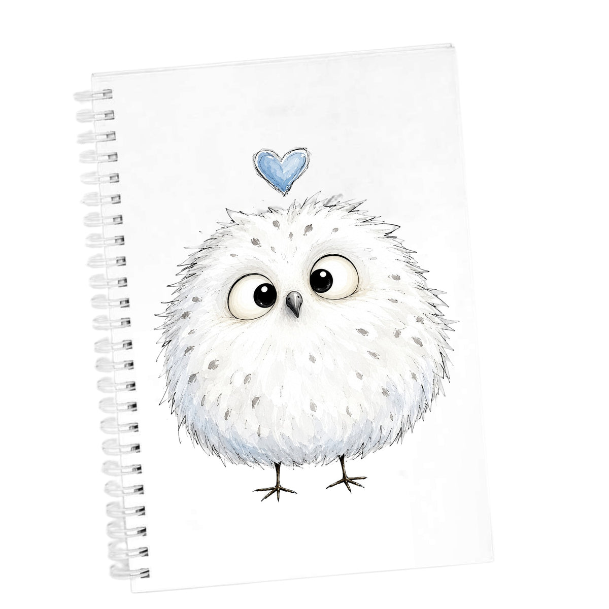 Fluffy White Owl UV DTF sticker applied to the cover of a white spiral journal