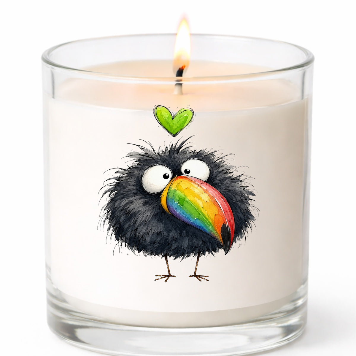 Funny Toucan Rainbow Beak UV DTF sticker applied to a white candle in a clear glass jar