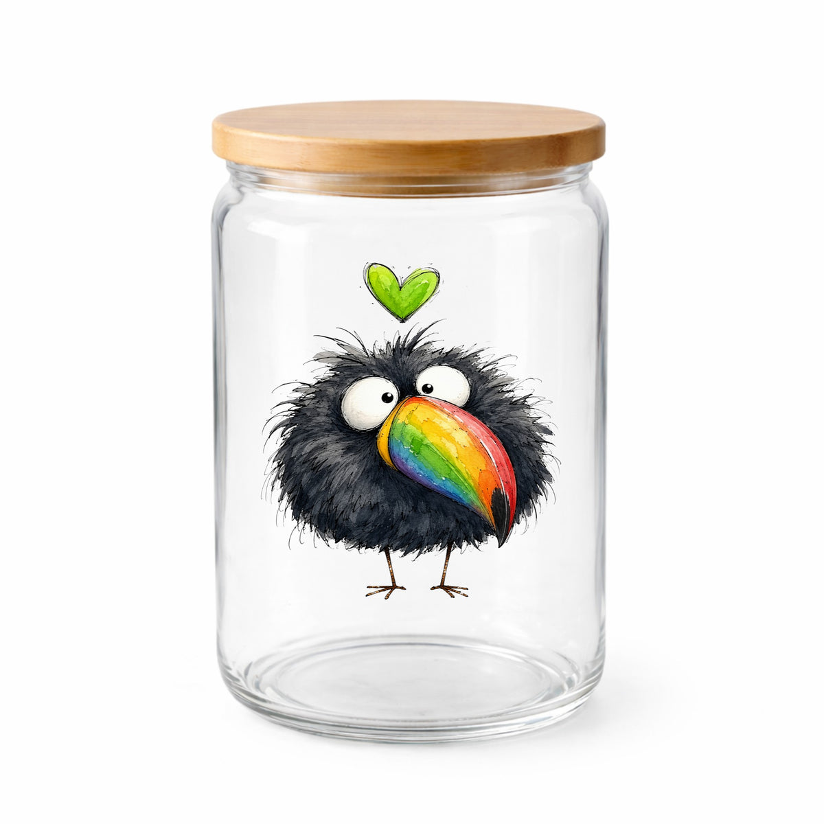 Funny Toucan Rainbow Beak UV DTF sticker applied to a clear glass jar with a wooden lid