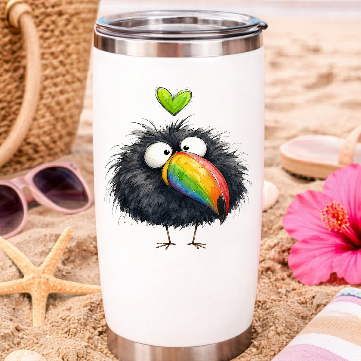 Funny Toucan Rainbow Beak UV DTF sticker applied to a white travel tumbler on beach sand