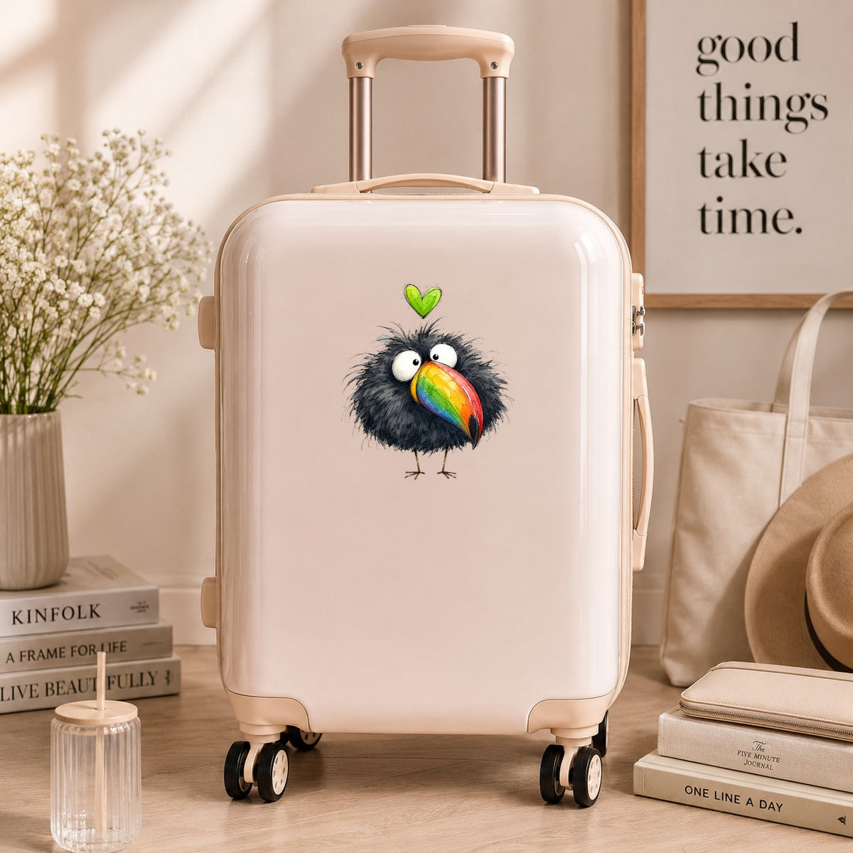 Funny Toucan Rainbow Beak UV DTF sticker applied to a cream carry-on suitcase